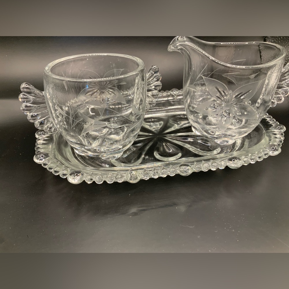 Paden City Crystal open sugar creamer underplate etch floral antique clear glass